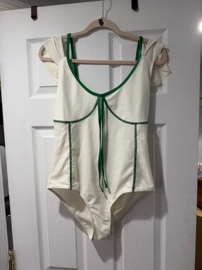 Cream One-Piece Swimsuit with Green Trim